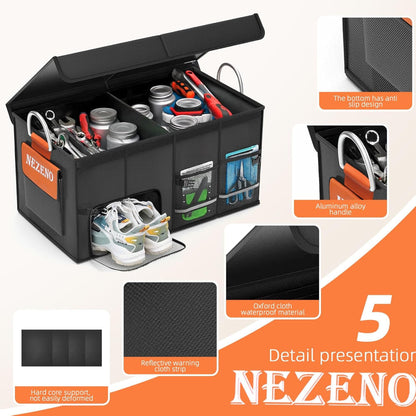 Car Trunk Organizer – Collapsible Storage with Multiple Compartments, Aluminum Alloy Handle & Lid for SUV & Truck