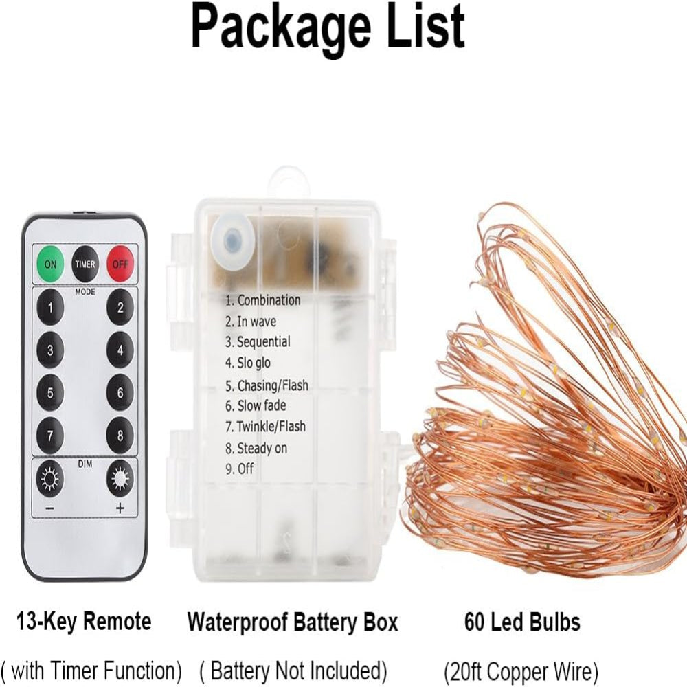 2-Pack Fairy String Lights – 20ft 60 LED Battery Operated Copper Wire Lights with Remote