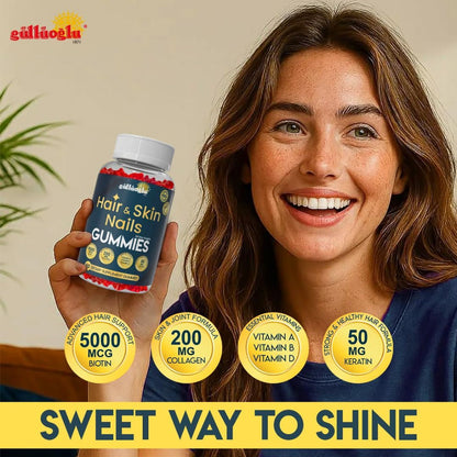 Hair, Skin & Nails Gummies – Biotin 5000 mcg, Collagen 200 mg, Keratin 50 mg with MSM, Bamboo & Vitamins A, C, D, E, Gluten-Free, Non-GMO, 60 Gummies