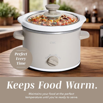 2QT Mini Electric Slow Cooker – Round Stoneware Pot with Tempered Glass Lid, Adjustable Settings, Dishwasher Safe, Cool-Touch Handles