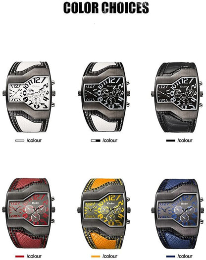 Mens Military Sports Watch Army Dual Time Movt Quartz Wristwatch with Leather Band Decorative Sub-dials