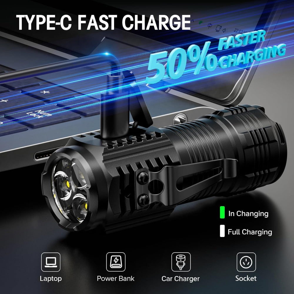 Rechargeable Mini Flashlights – Portable EDC Use – 3 LED Bright Light with 4 Modes – Magnetic Base & Belt Clip – Emergency, Camping & Home Use