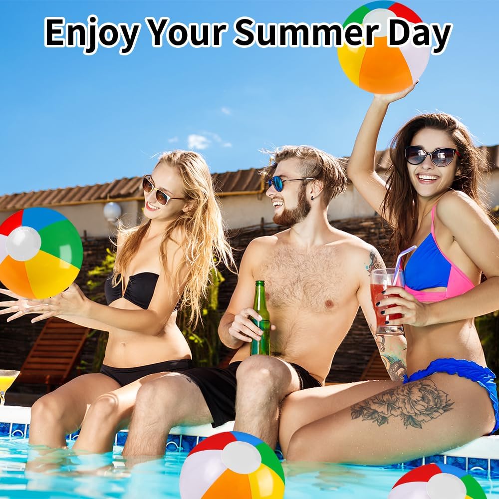 12-Pack Inflatable Beach Balls – 12-Inch Rainbow Design – Pool & Beach Play Use – Lightweight Summer Water Toys