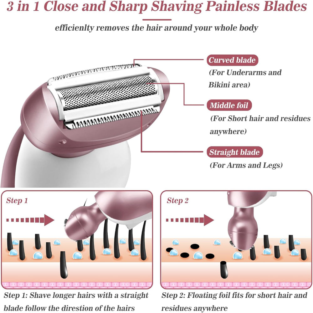 Women's Electric Rechargeable Bikini & Body Trimmer for Legs and Underarms, Wet Dry Cordless with Detachable Head