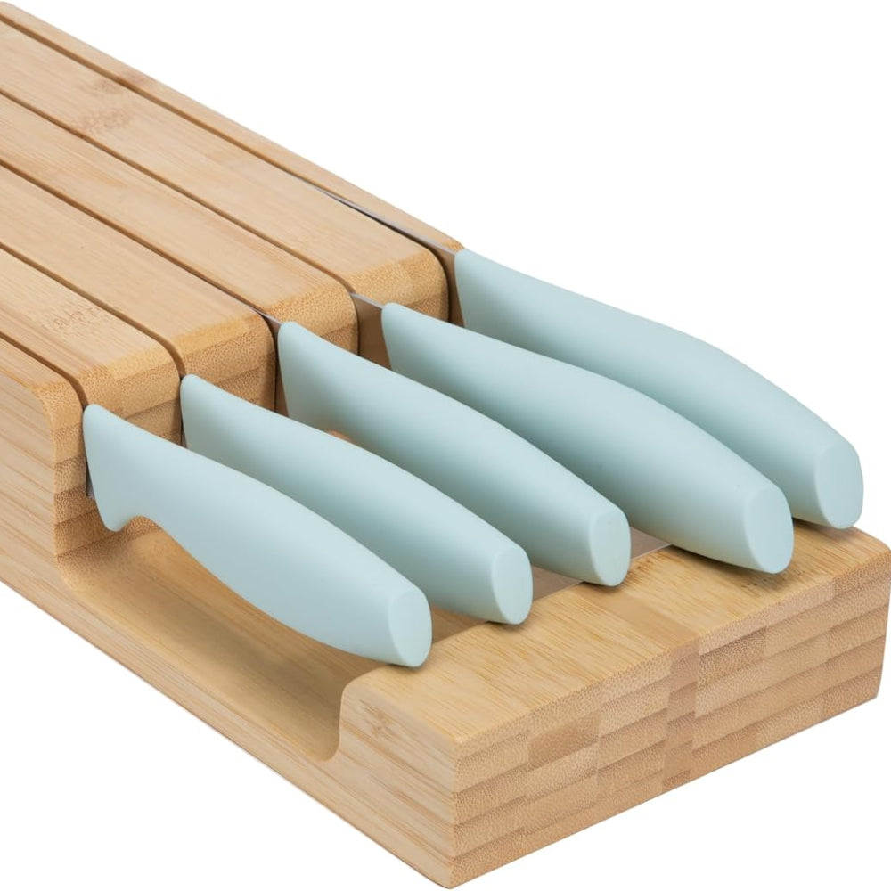 6-Piece Kitchen Knife Set – Space-Saving In-Drawer Organizer – Chef, Bread, Santoku, Utility & Paring Knives, Aqua