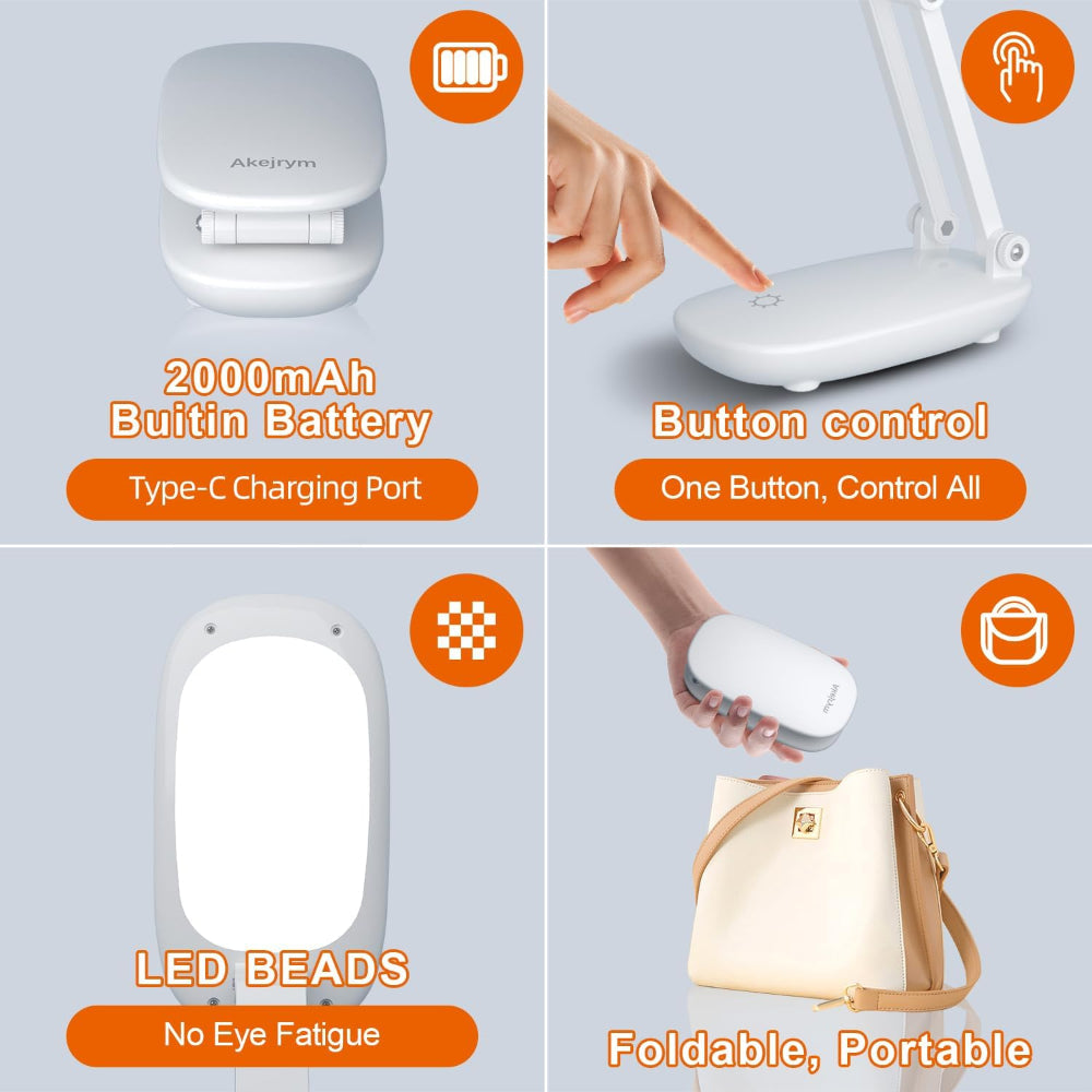 Rechargeable LED Desk Lamp – Foldable Portable Reading Light, Wireless Battery Operated – White