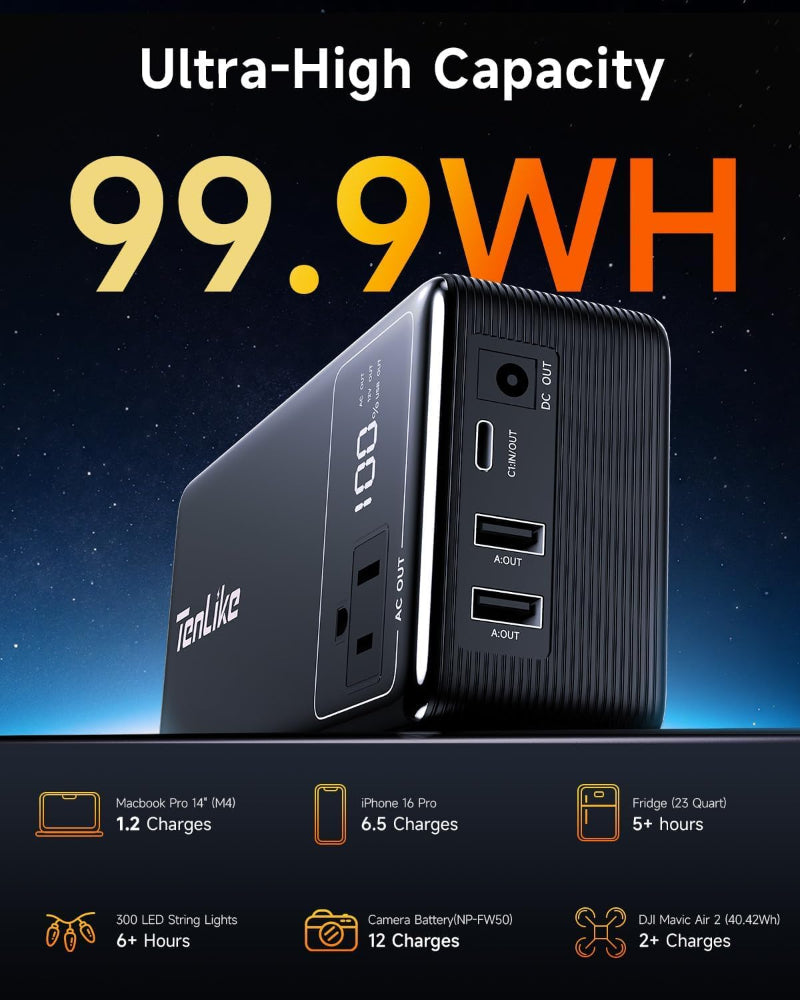 Portable Power Station – 99.9Wh Backup Battery – Camping & Emergency Power Use – AC Outlet & 60W Type-C Output – Compact Lithium Design