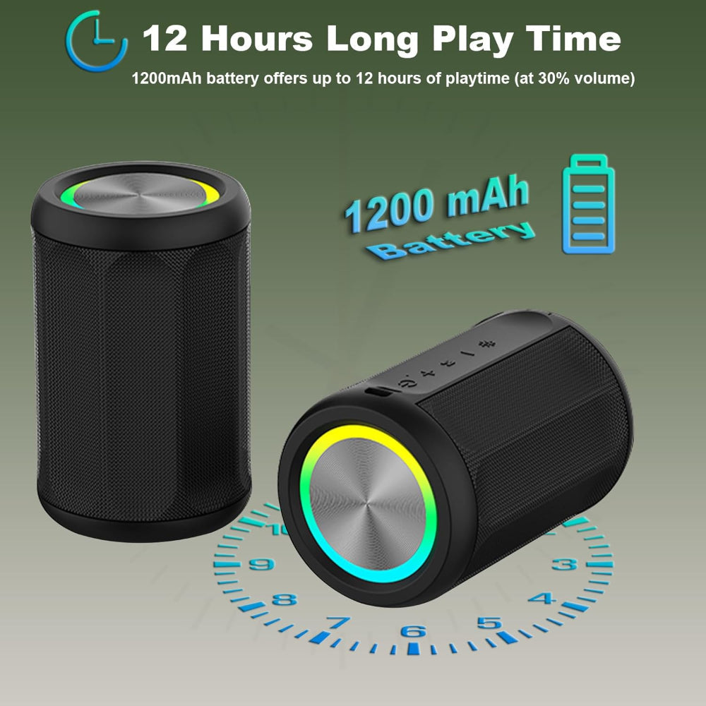 Portable Bluetooth 5.4 Speaker – 6W Wireless Audio Use – IPX55 Waterproof with RGB Light – AUX & TF Card Input, TWS Stereo Pairing – Black