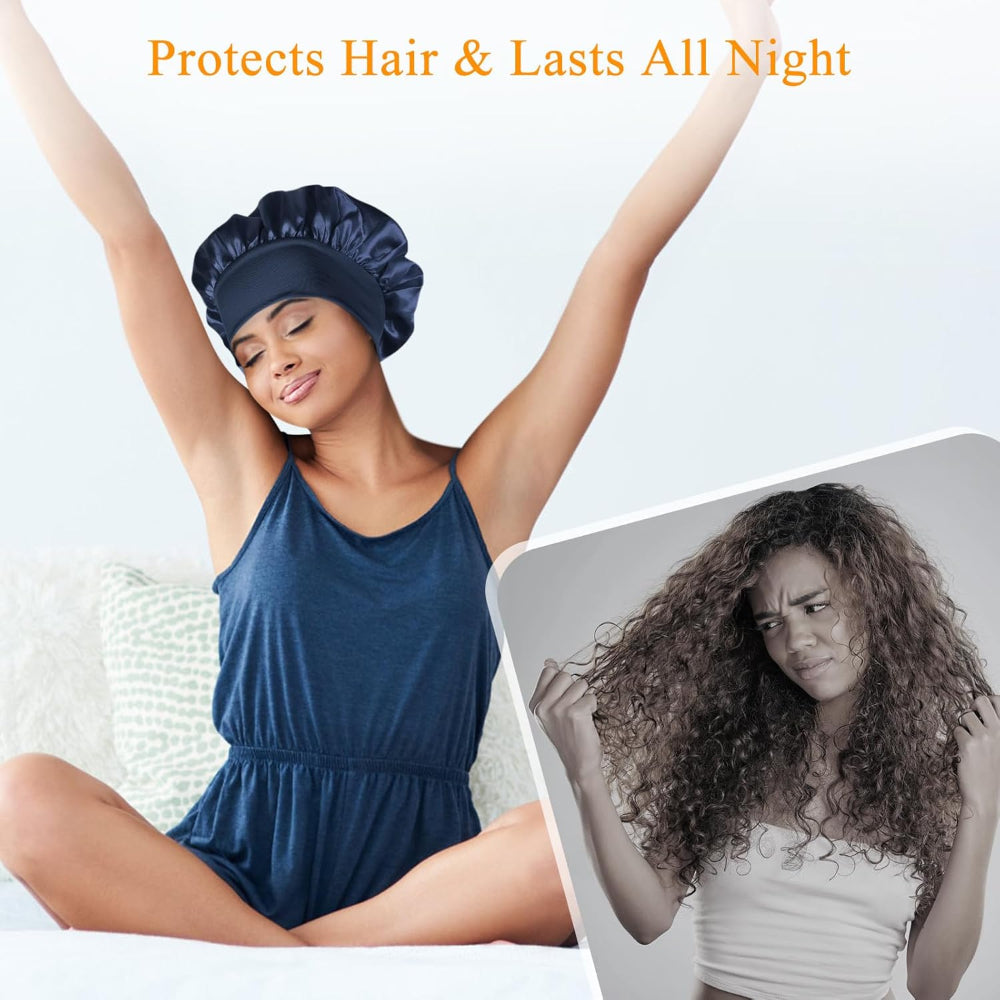 3-Pack Silk Sleep Bonnets – Satin Hair Protection Use – Large Soft Band for Curly Hair & Braids – Women’s Nighttime Hair Cap