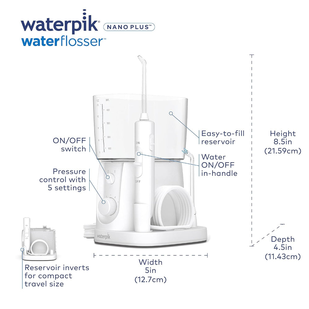 Water Flosser – Portable Nano Plus Use – Compact Electric Teeth Cleaning for Travel & Home – Includes 4 Flossing Tips – ADA Accepted, White