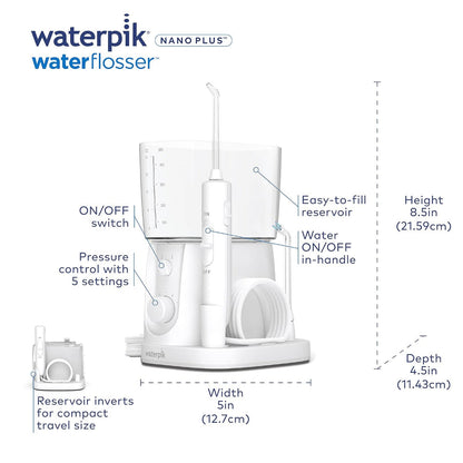 Water Flosser – Portable Nano Plus Use – Compact Electric Teeth Cleaning for Travel & Home – Includes 4 Flossing Tips – ADA Accepted, White