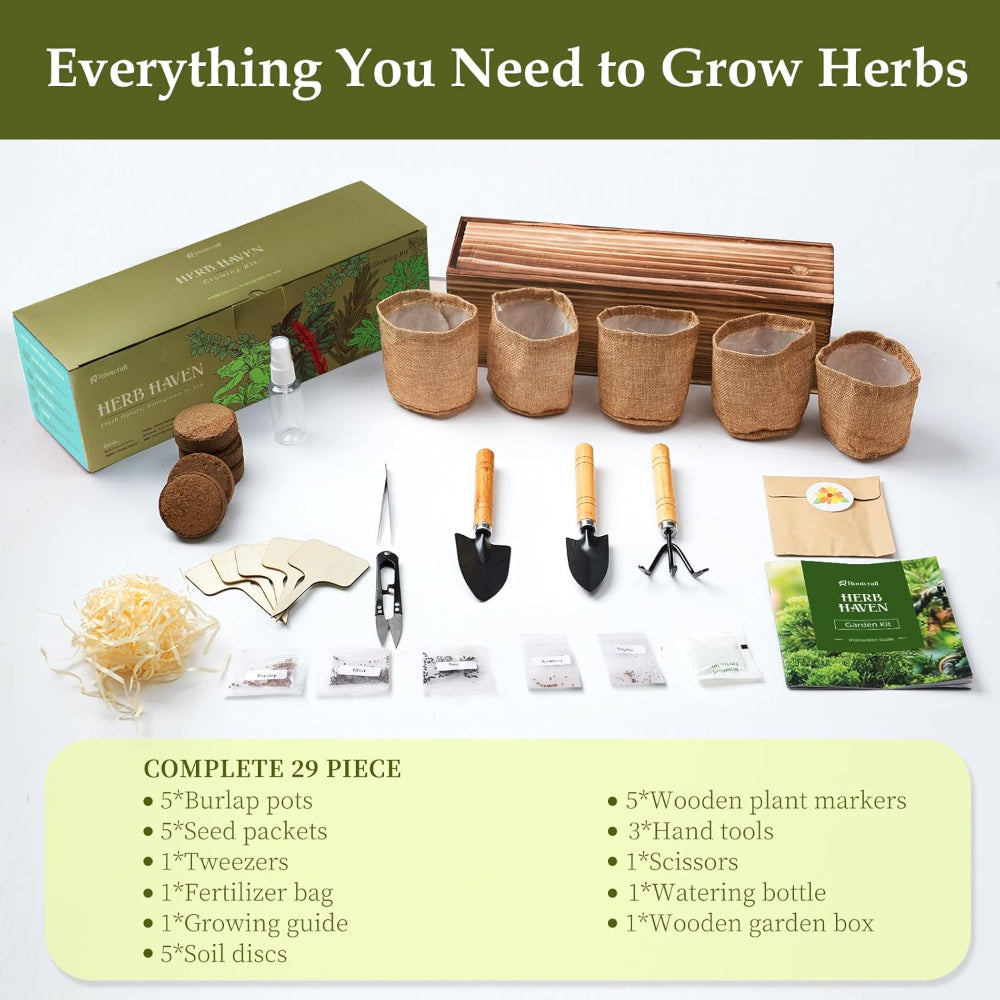 5-Pack Herb Garden Planter Kit – Indoor Kitchen Growing Use – Wooden Box with Basil, Thyme, Parsley, Rosemary & Mint Seeds – Home Gardening Gift Set