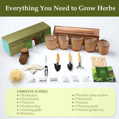 5-Pack Herb Garden Planter Kit – Indoor Kitchen Growing Use – Wooden Box with Basil, Thyme, Parsley, Rosemary & Mint Seeds – Home Gardening Gift Set