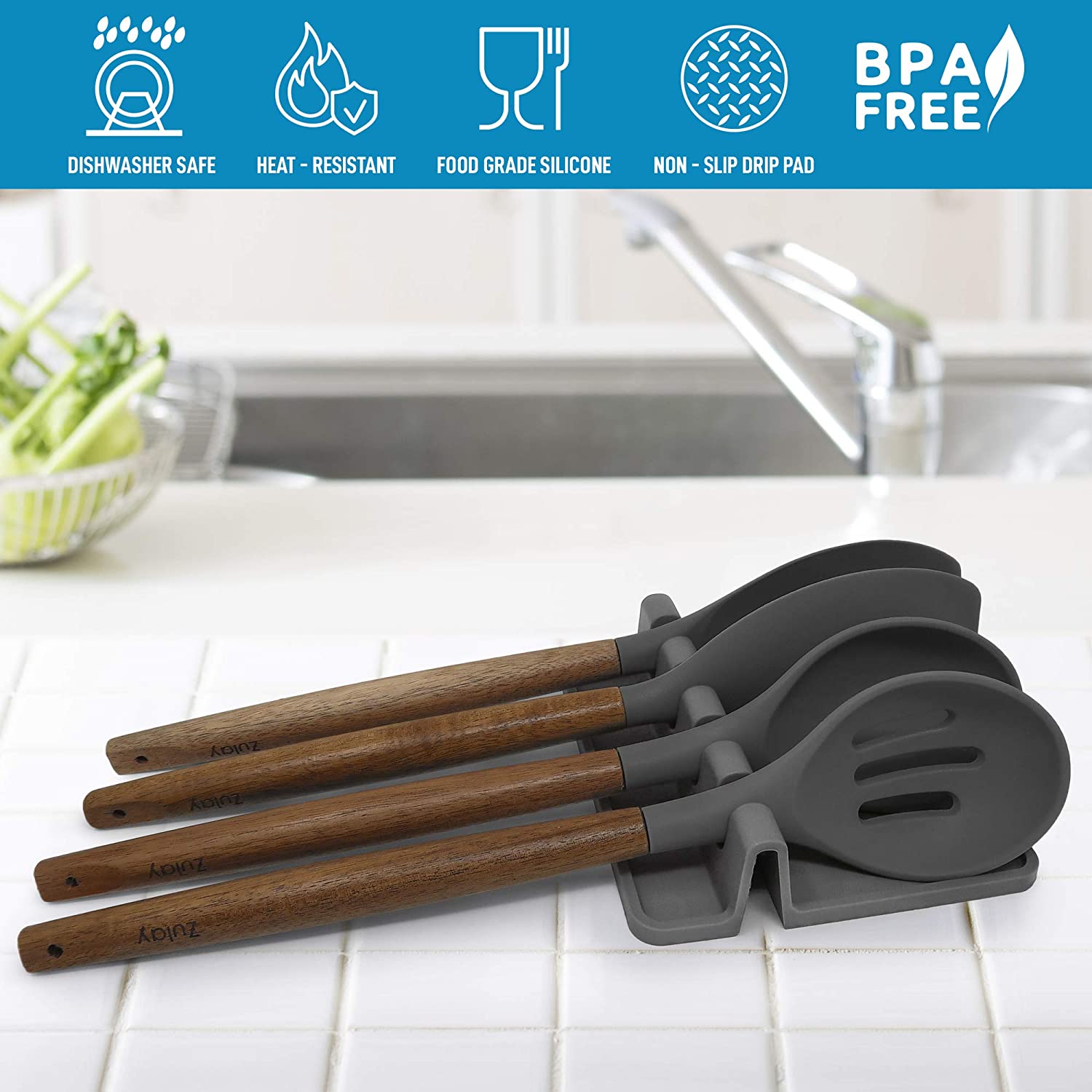 Silicone Utensil Rest with Drip Pad for Multiple Utensils, Heat-Resistant, BPA-Free Spoon Rest & Spoon Holder for Stove Top, Kitchen Utensil Holder for Spoons, Ladles, Tongs & More - by Zulay