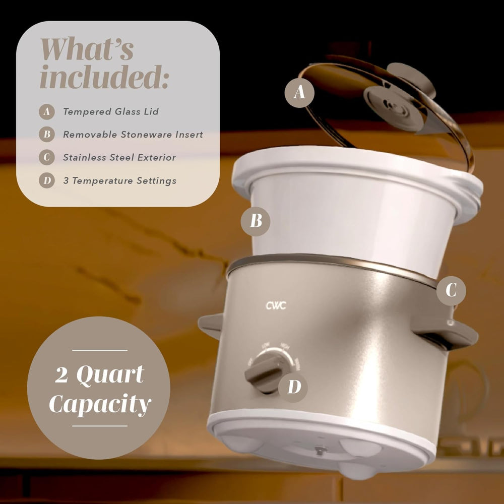 2QT Mini Electric Slow Cooker – Round Stoneware Pot with Tempered Glass Lid, Adjustable Settings, Dishwasher Safe, Cool-Touch Handles