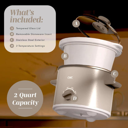 2QT Mini Electric Slow Cooker – Round Stoneware Pot with Tempered Glass Lid, Adjustable Settings, Dishwasher Safe, Cool-Touch Handles