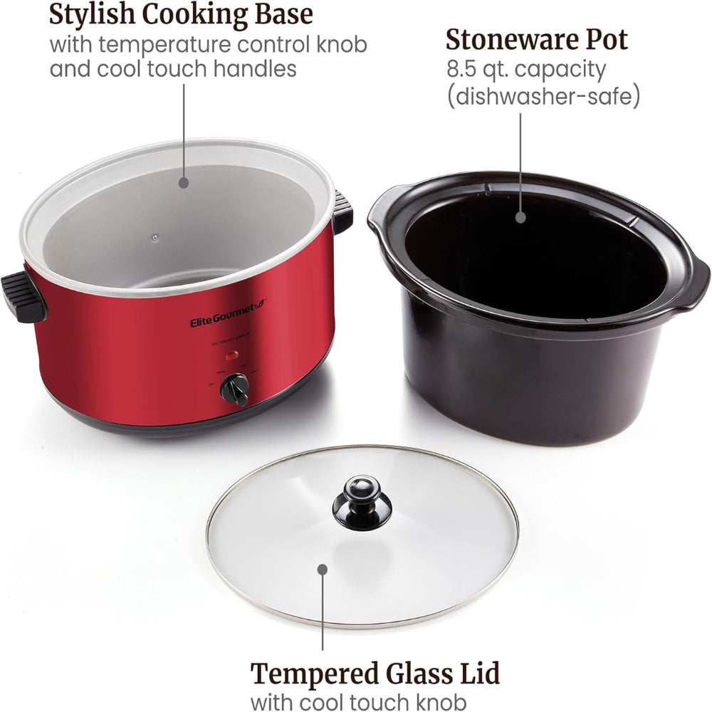 Electric Ceramic XL Slow Cooker – 8.5-Quart Use – Adjustable Temperature for Stews, Sauces & Dips – Dishwasher Safe Glass Lid & Crock – Metallic Red