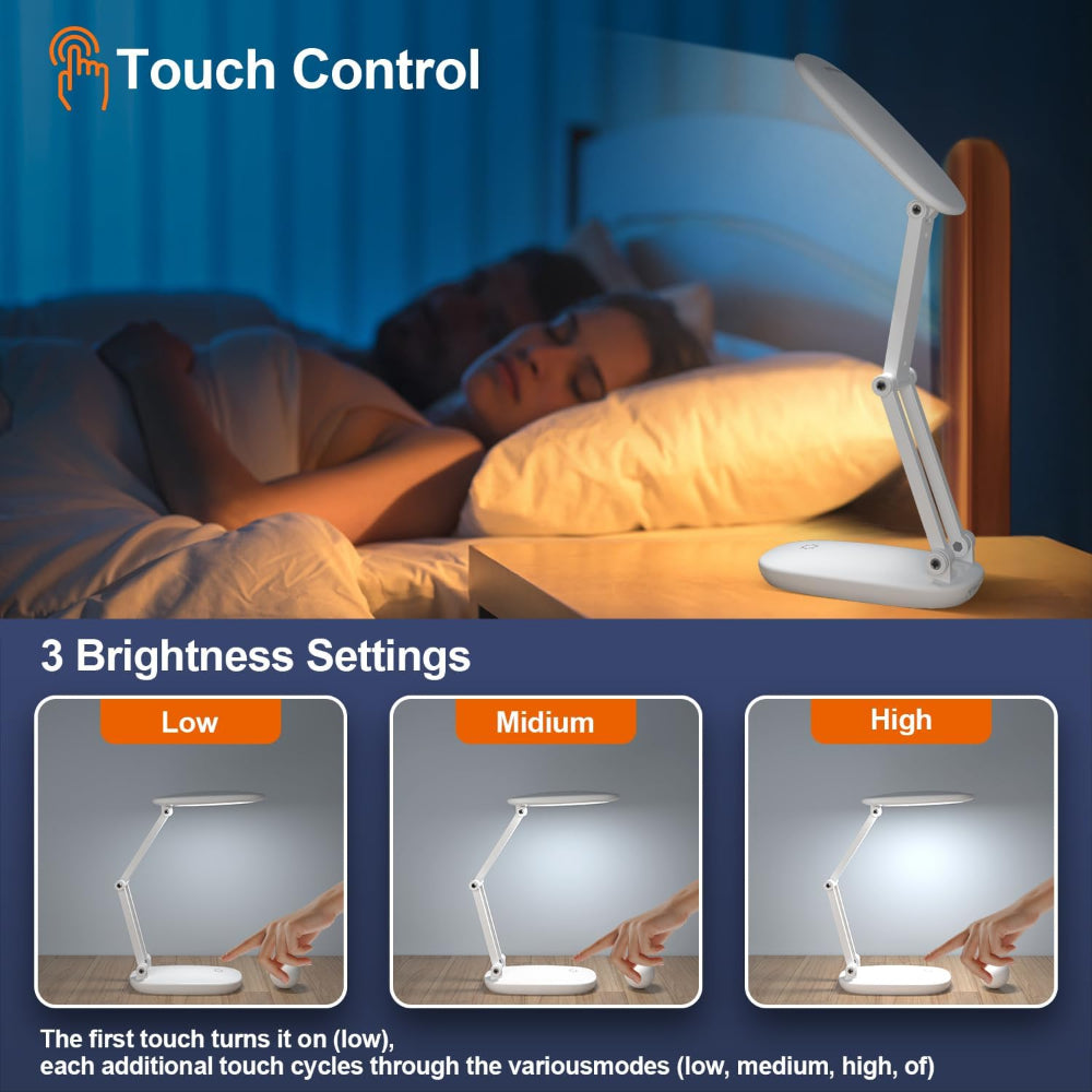 Rechargeable LED Desk Lamp – Foldable Portable Reading Light, Wireless Battery Operated – White
