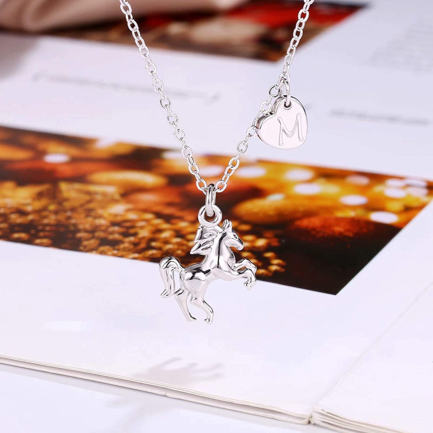  Girls 14K White Gold Plated Heart Initial Horse Necklace 