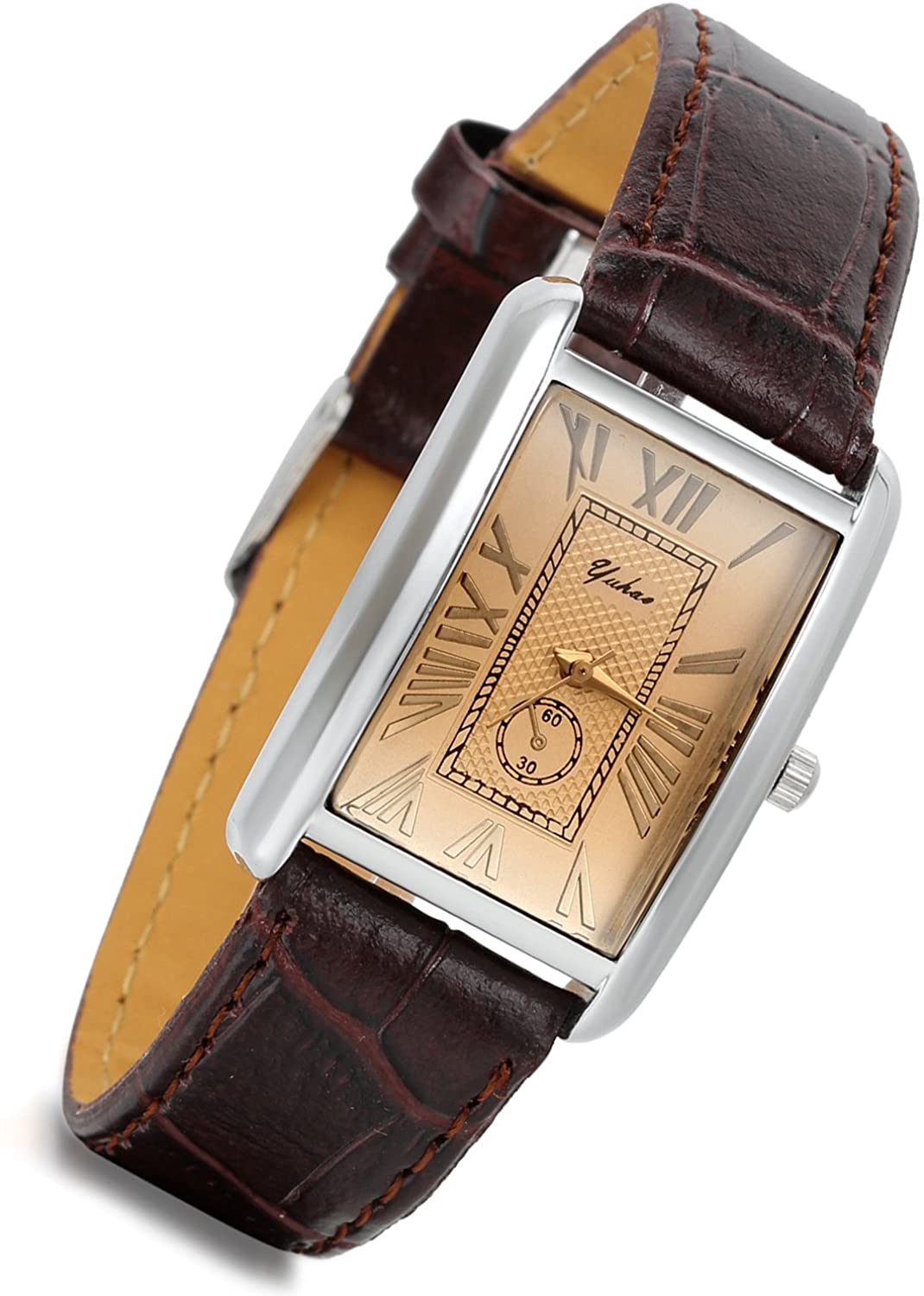 Lancardo Retro Vintage Square Quartz Analog Watch Silver Tone Case Crocodile Pattern Brown Leather Business Casual Dress Wrist Watch