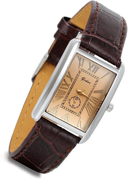 Lancardo Retro Vintage Square Quartz Analog Watch Silver Tone Case Crocodile Pattern Brown Leather Business Casual Dress Wrist Watch