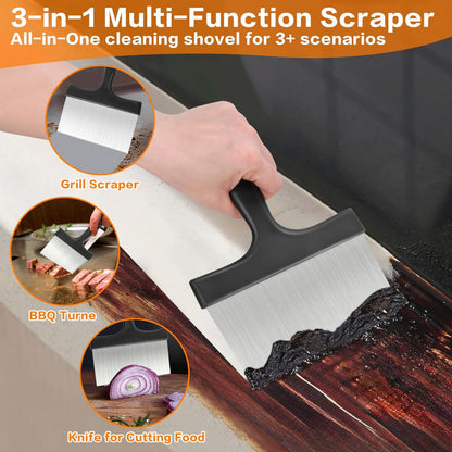 3-in-1 Stainless Steel Grill Scraper – Heavy Duty Griddle Cleaner with Comfort Grip Handle