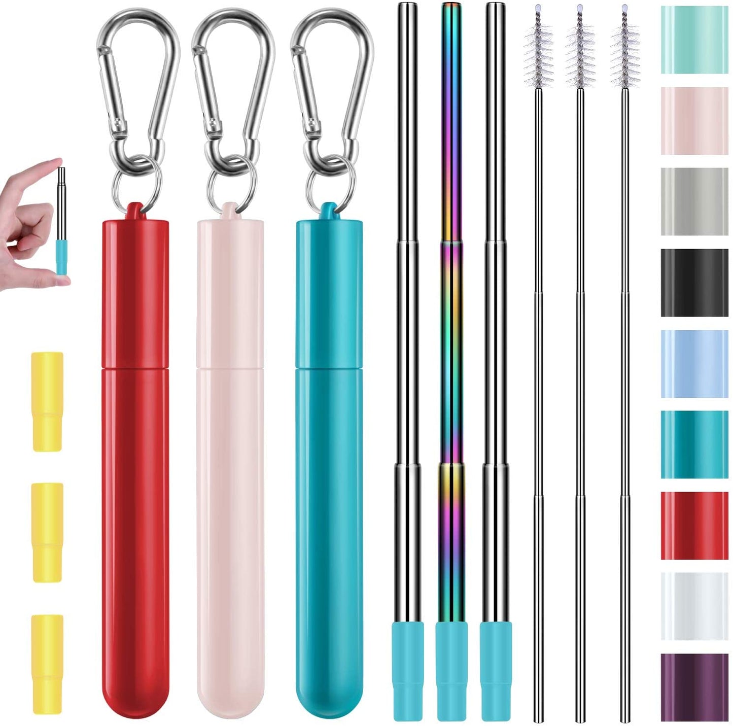 3 Pack Stainless Steel Reusable Collapsible Straws with Plastic Case and Long Cleaning Brush