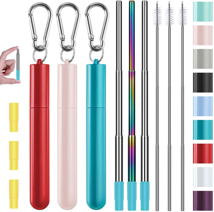 3 Pack Stainless Steel Reusable Collapsible Straws with Plastic Case and Long Cleaning Brush