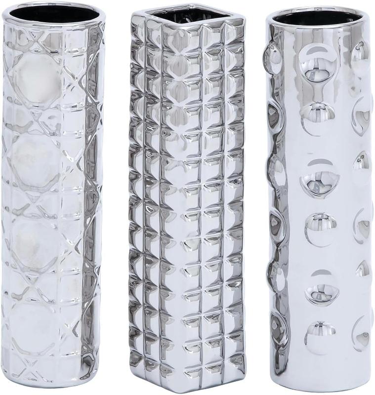 Set of 3 Ceramic Slim Textured Bottleneck Vase with Varying Patterns