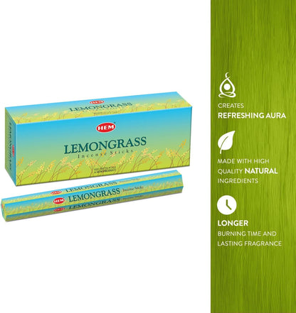 HEM Lemongrass Incense Sticks - Pack of 6 (20 Sticks Each) Scented Sticks for Relaxing & Meditation