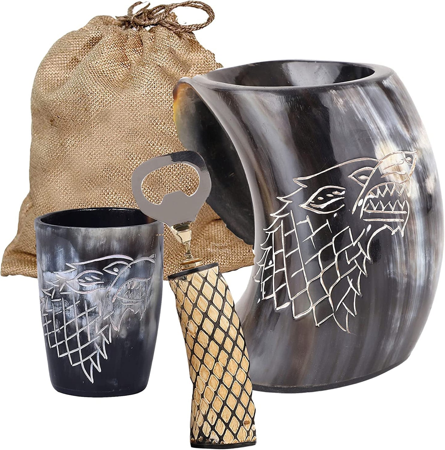 Viking Drinking Horn Mug | Handmade Drinking Horn with Mjolnir Engraved Tankard | Food Safe Medieval Game of Thrones Horn | For Hot & Cold Drink (1 Piece)