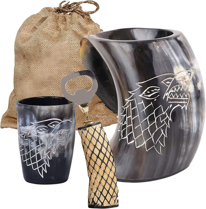 Viking Drinking Horn Mug | Handmade Drinking Horn with Mjolnir Engraved Tankard | Food Safe Medieval Game of Thrones Horn | For Hot & Cold Drink (1 Piece)