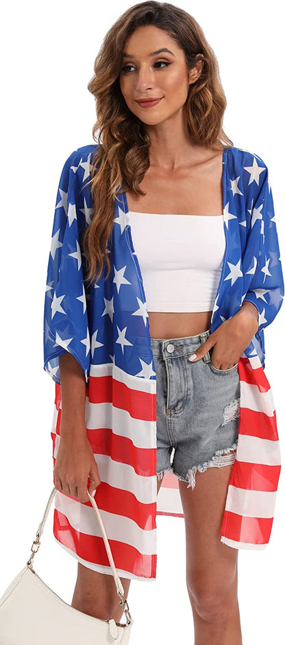 Women's American Flag Kimono Cover up Beachwear Cardigan Loose Tops Shirt Blouse