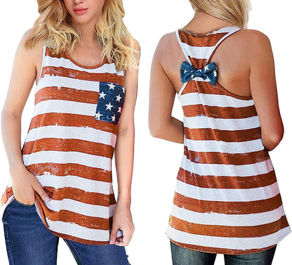  Women's American Flag Camo Sleeveless Tank Tops 4th of July Racerback Bowknot Stripes Patriotic T Shirts