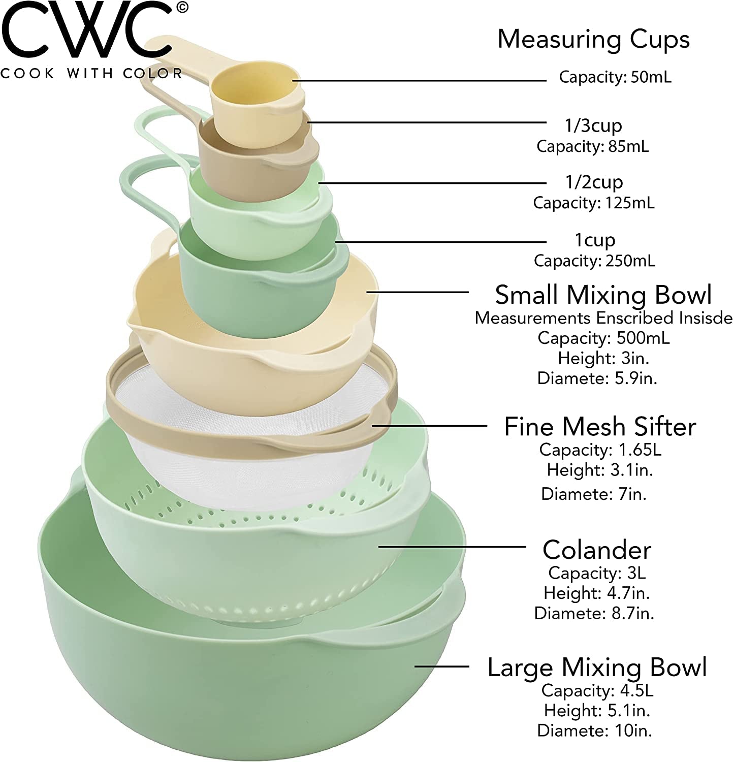 8 Piece Nesting Bowls with Measuring Cups Colander and Sifter Set 