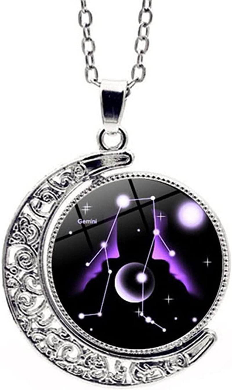 Zodiac Necklace Jewelry Birthday Gifts Astrology 12 Constellation Horoscope Sign Galaxy Crescent Half Moon Pendant Necklace