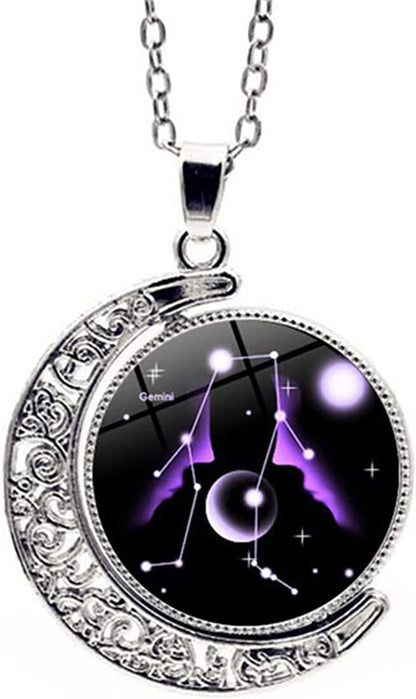 Zodiac Necklace Jewelry Birthday Gifts Astrology 12 Constellation Horoscope Sign Galaxy Crescent Half Moon Pendant Necklace