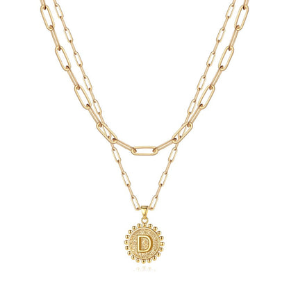 Gold Initial Necklaces for Women Girls 14K Gold Plated Dainty Layering Paperclip Link Chain Necklace Coin Initial Layered Gold Necklaces for Women