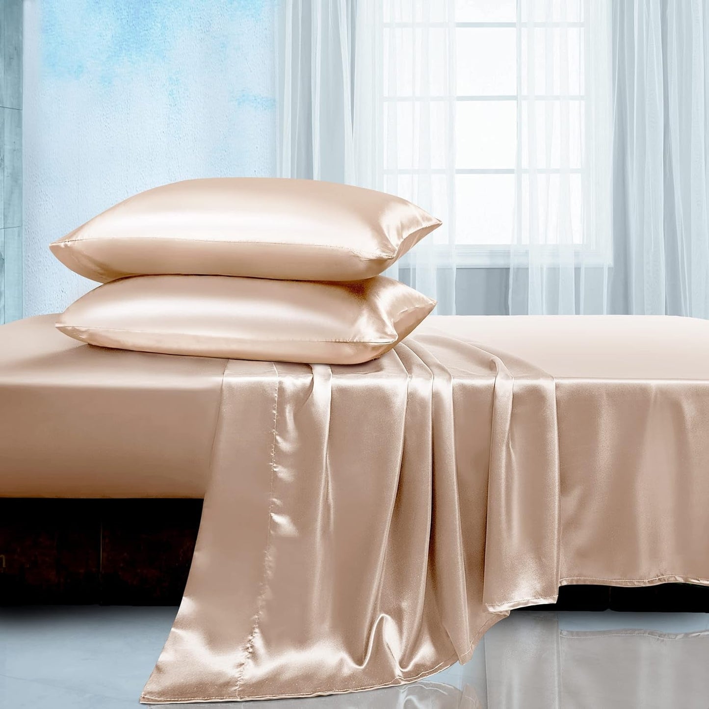 Soft Silky Satin Sheets Set, Luxury Bedding Sheet Set(1 Satin Fitted Sheet, 1 Satin Flat Sheet, 2 Satin Pillow Cases(Twin/1Pillow Case)