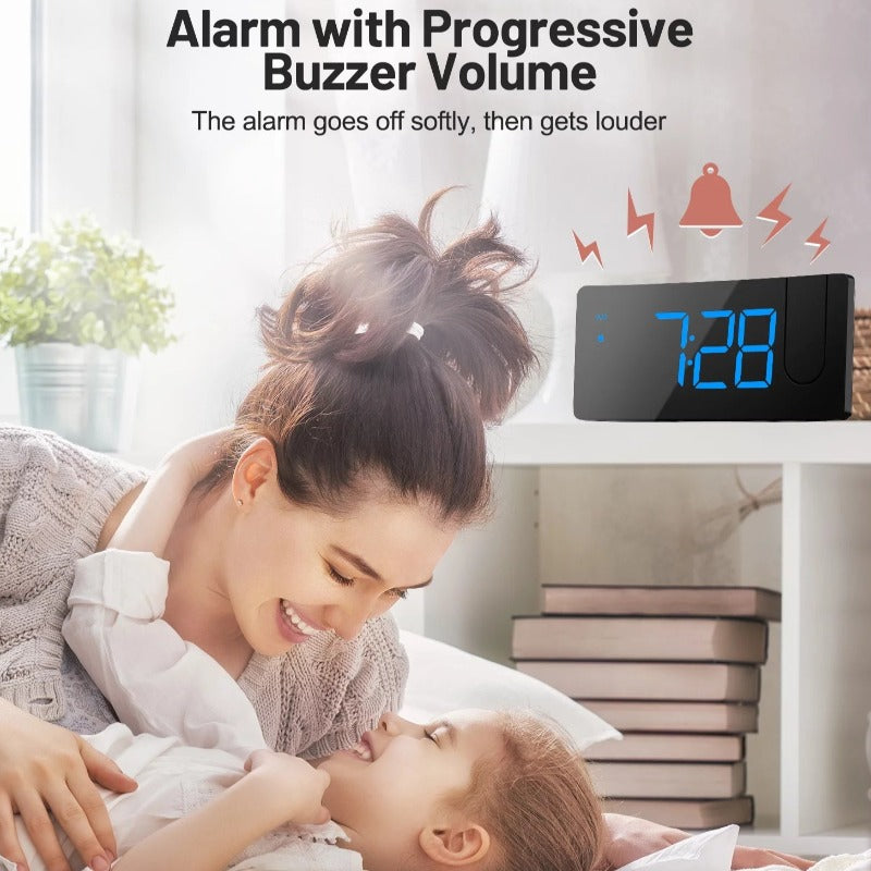Projection Alarm Clock with 180° Rotatable Projector, 3-Level Brightness, Progressive Volume & USB Charger