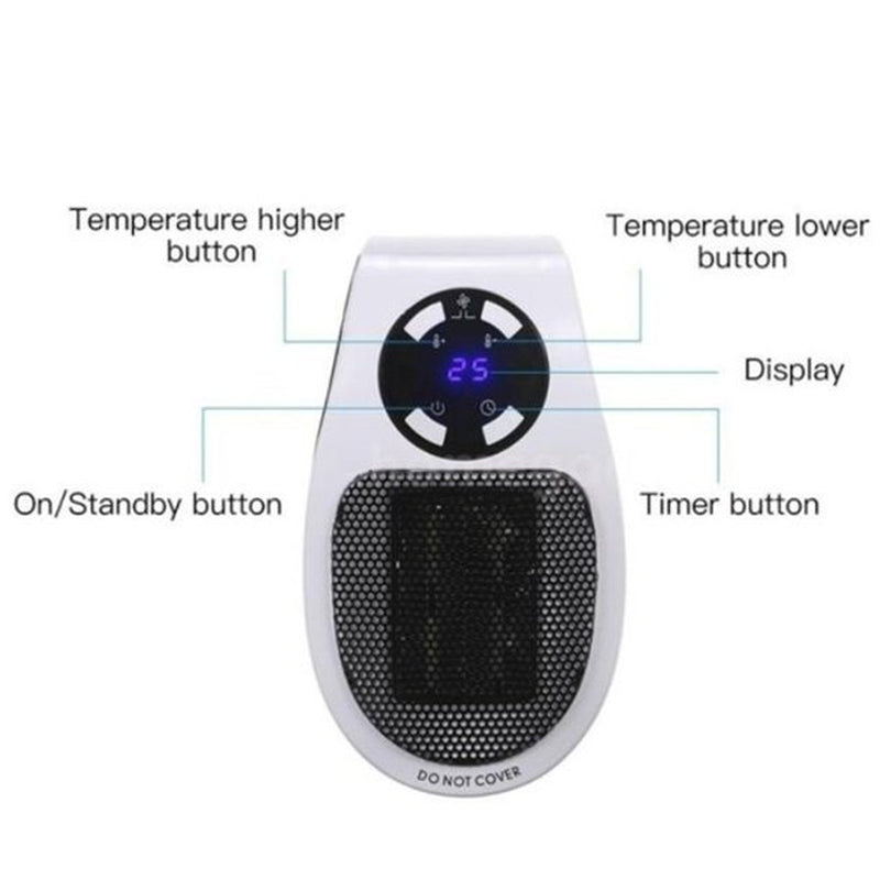 500W Space Heater - LED Display Wall Outlet Electric Plug with Adjustable Thermostat & Timer