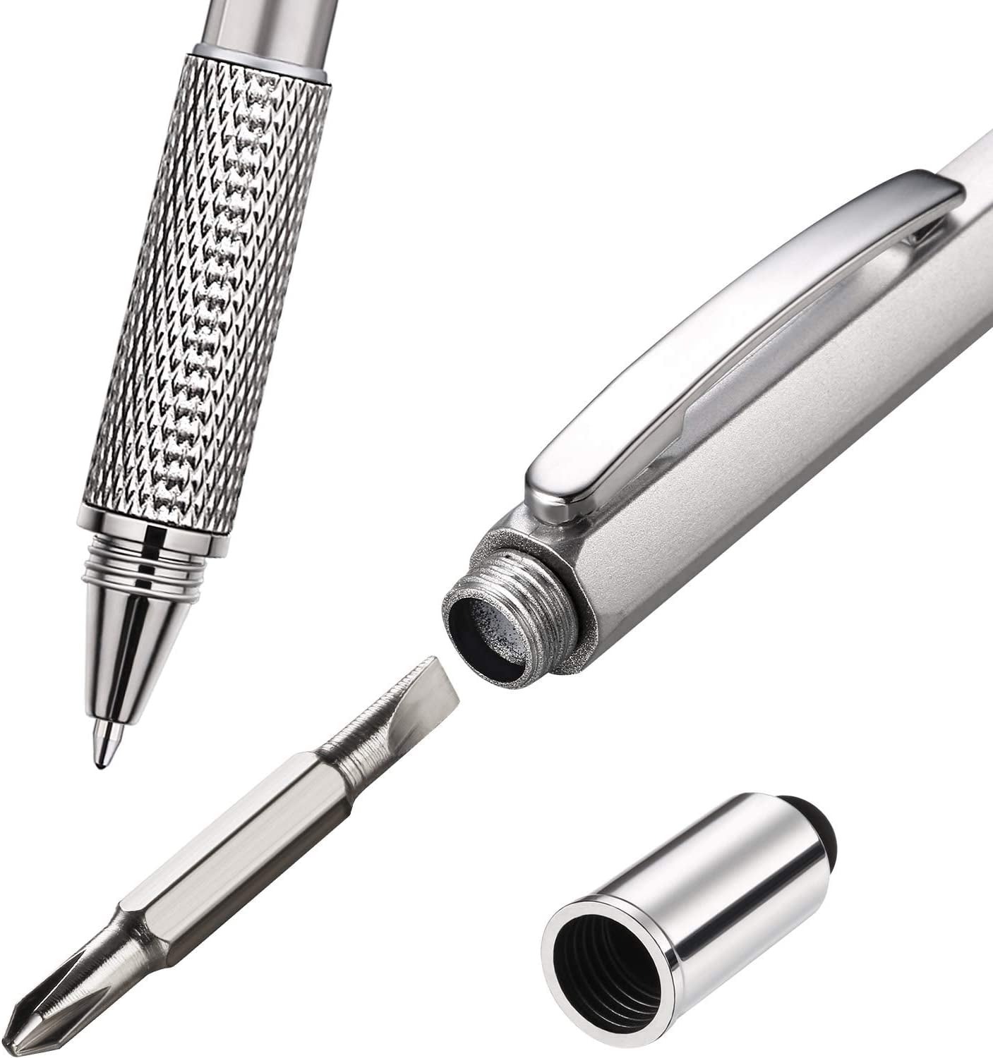 4 Pieces Gift Pen for Men 6 in 1 Multitool Tech Tool Pen Screwdriver Pen with Ruler, Levelgauge, Ballpoint Pen and Pen Refills, Unique Gifts for Men (Red, Green, Blue, Gray)