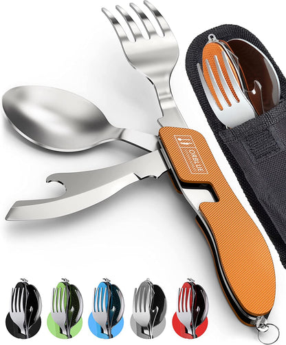 Orblue 4-in-1 Camping Utensils, 2-Pack - Portable Stainless Steel Spoon, Fork, Knife & Bottle Opener Combo Set - Travel, Backpacking Cutlery Multitool, Blue
