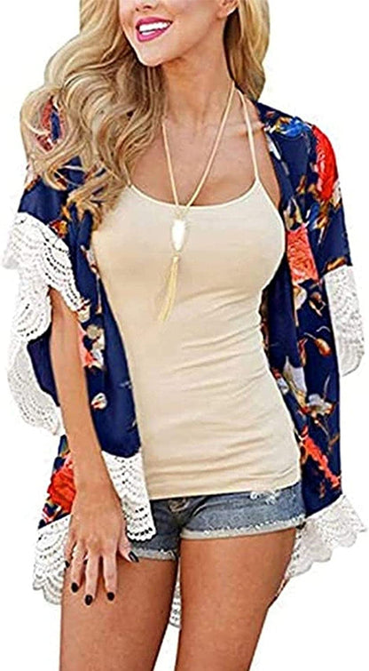  Women's Flowy Summer Chiffon Kimono Cardigans Tops Boho Floral Beach Cover Ups Casual Loose Shirts