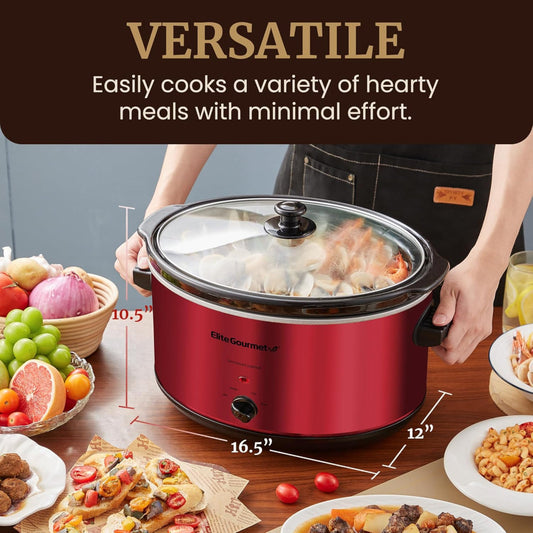 Electric Ceramic XL Slow Cooker – 8.5-Quart Use – Adjustable Temperature for Stews, Sauces & Dips – Dishwasher Safe Glass Lid & Crock – Metallic Red