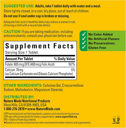 Folic Acid 400mcg (665mcg DFE) – Dietary Supplement for Nervous System Function, Supports Women & Men, 250 Tablets, 250-Day Supply