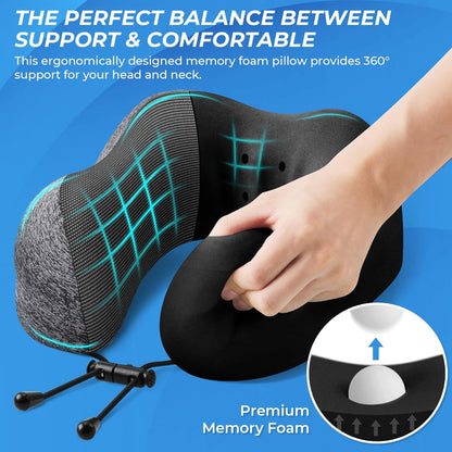 Memory Foam Travel Neck Pillow – Removable Cover with Adjustable Clasp, Sleep Pillow Set with Eye Mask, Earplugs & Storage Bag for Airplane