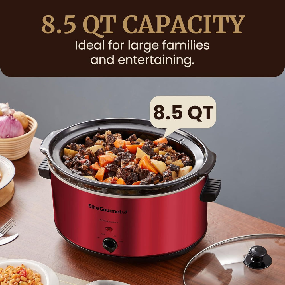 Electric Ceramic XL Slow Cooker – 8.5-Quart Use – Adjustable Temperature for Stews, Sauces & Dips – Dishwasher Safe Glass Lid & Crock – Metallic Red