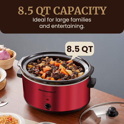 Electric Ceramic XL Slow Cooker – 8.5-Quart Use – Adjustable Temperature for Stews, Sauces & Dips – Dishwasher Safe Glass Lid & Crock – Metallic Red