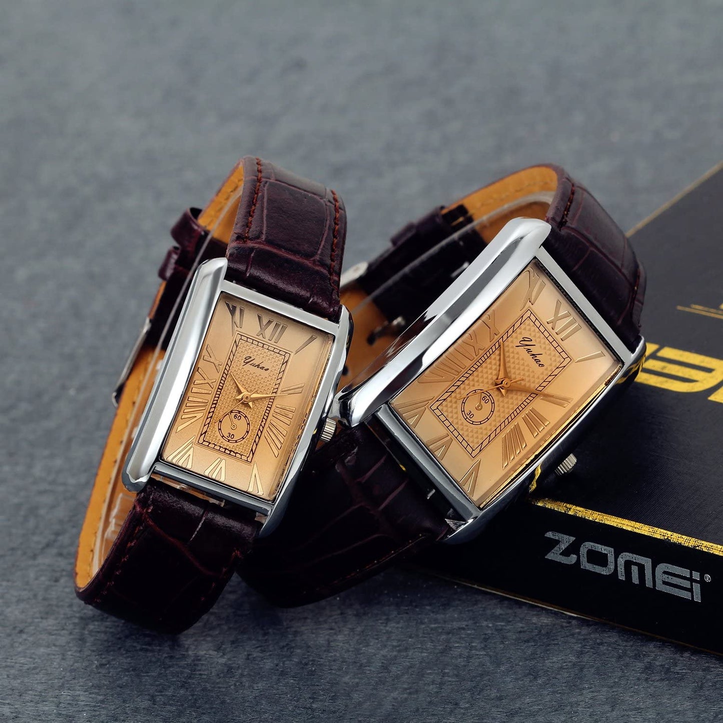 Lancardo Retro Vintage Square Quartz Analog Watch Silver Tone Case Crocodile Pattern Brown Leather Business Casual Dress Wrist Watch
